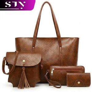 STY 4 In 1 Ladies Handbag Cross-body Bag Purse Card Case Set PU Synthetic Leather Bags - Brown - Brown