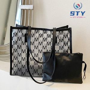 STY Women Handbag & Small Bag Set Ladies M Letter Patterned PVC Bag PU Small Bag - Black
