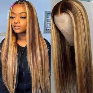 Long Straight Brown-Gold Gradient Hair Wig For Women
