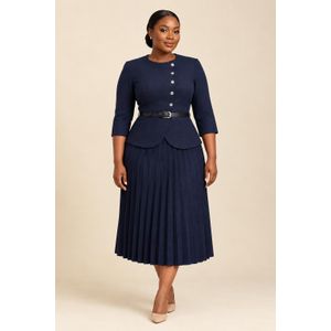 She by AS Elegant Navy Blue Corporate Pleated Dress Set with Belt