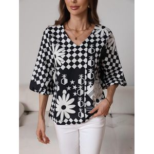 CALLIARA Women's Black White Geometric Print V Neck Blouse 3/4 Sleeve Loose Fit Casual Fashion Top