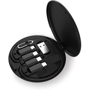 SAN 5-in-1 Mini Data Cable Storage Box with Fast Charging USB-C Cable - Type-C Adapter SIM Card Tray - Black