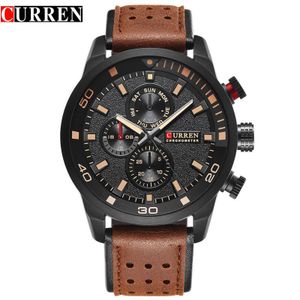 Curren Men's Sports Quartz Watch Multi-function Chronograph Day-Date 50M Water Resistant Brown Leather Strap Casual Business Wristwatch - Black/Brown