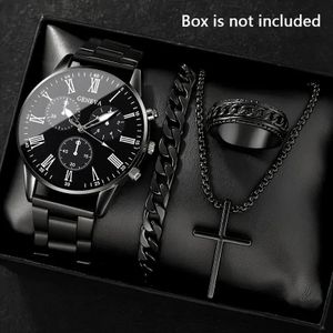 4pcs/set men's new watch set, ring, necklace, bracelet - black