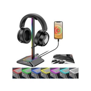 RGB Light Headphone Stand with USB + Type-C Expansion Hub Gaming Headset Holder Display Rack (W11.35 x D10.8 x H24.2)cm / (W4.5 x D4.3 x H9.5)inch - Black