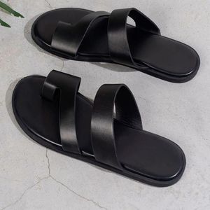 Premium Men's Casual Slip-On Open Toe Loop 2Layers Palm Flat Slipper Sandals - Black