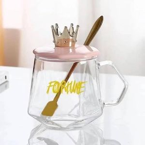 Premium Royal Crown Faceted Glass Mug with Lid & Golden Spoon – 400ml