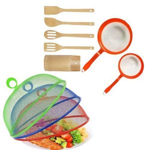 Kitchen Essentials Set with Mesh Food Covers and Wooden Utensils
