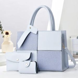 Fashion And Style :4-in-1 Luxury Ladies Handbag Set - Blue Patchwork Tote Bag with Wallet, Purse & Crossbody Strap