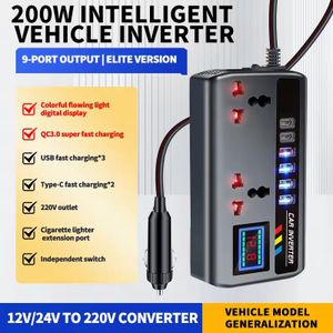 DC 12V/24V to AC 220V, 200W automotive inverter PD + QC3.0, dual type C + 4 USB ports, mobile phone charger, ignition power adapter, 9-in-1
