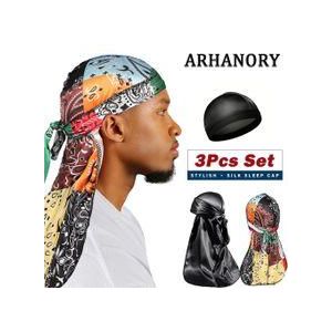 LM 3pcs Funnai Stretchy Silk Men Headwraps Stain Caps Fashion Wave Durag - black