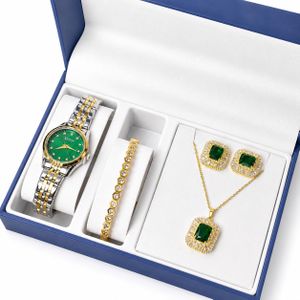 Curren Luxury Ladies Jewelry & Watch Gift Set Green Crystal Gold Design (4-in-1)