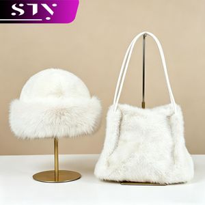 STY 2 In 1 Ladies Faux Mink Fur Purse + Hat Set Small Handbag Fluffy Hat Women Beige Bags Bucket Hat Underarm Bag 