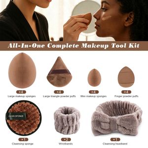 20pcs/set All In One Makeup Sponge Set, Multi Size Beauty Blender, Triangle Powder Puffs, Finger Cushion Puff, Makeup Remover Sponge, Fluffy Bow Hair Band & Wrist Bands Complete Makeup Tool Kit