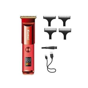 600mAh Rechargeable Hair & Beard Clipper with LCD Display, Stainless Steel Blade, 5W Power, 120-Minute Use & 5 Heads - Red