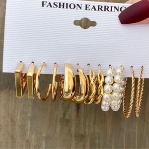 6-Piece Gold Metal Earring Set - Geometric Statement Hoop & Pearl Earrings