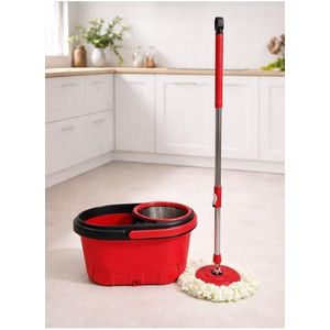 Microfiber Mop & Elegant Design Bucket Set with Extendable Rod, Compact Floor Cleaning Bucket, Easy Wring Household Mop (L50 x W30.5 x H30)cm / (L19.7 x W12 x H12)inch - Red