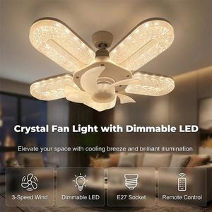 LED ceiling fan lamp crystal lamp with remote control, 6 wind speed, 3 color dimmable, suitable for living room and bedroom