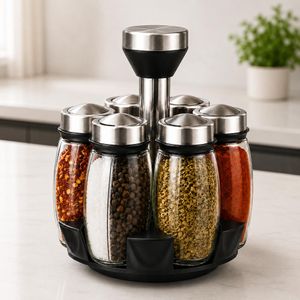 KITCHA 6-Piece Rotating Glass Spice Jar Set – 360° Rack, Transparent, Sealed Lids