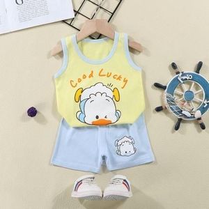0-3 Years Baby Boys Summer Set GOOD LUCKY Vest Blue Shorts Casual Tops Cartoon Tshirt Round Neck Outfit - Blue - 6-9 ?onths