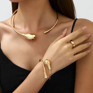 3-Piece Asymmetrical Wave Pattern Jewelry Set for Women – Necklace, Bracelet & Ring Set - Gold