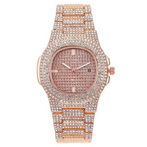 Full Diamond Paved Iced Out Watch Women/men's Rose Gold Bling Crystal Wristwatch - rose