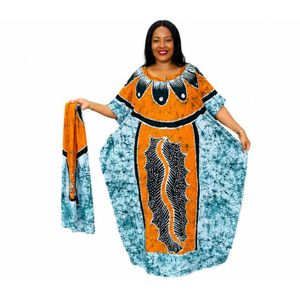 Fashion 21 Women's African Boubou Cotton Kaftan Maxi Dress With Matching Scarf – Free Size Traditional Loose Elegant Wear - Perfect African Occasions Dress - Multicolorful Yellow and Blue