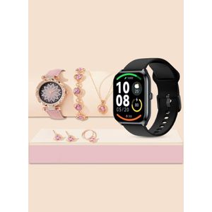1.75" Full Touch Screen 47mm Smart Watch & Classic Watch With 2 Straps, Ring, Bracelet, Necklace, Earring & Wireless Charger For Women (App: Fitpro) - Black