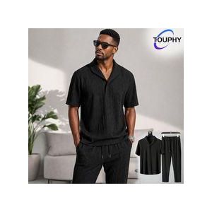 TOUPHY Solid Color Textured Short-Sleeve And Pants Set - Comfortable Textured Fabric, Minimalist Daily Outfit