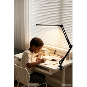 12.5W Long Arm Clamp LED Desk Lamp, 3 Color Modes Stepless Dimmable Foldable Swing Arm Table Light for Study Office Drawing Black Aluminum Alloy,10 Brightness Levels