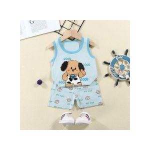 Summer outfit set for boys aged 0-3 years: dog-print vest, blue shorts and round neck T-shirt