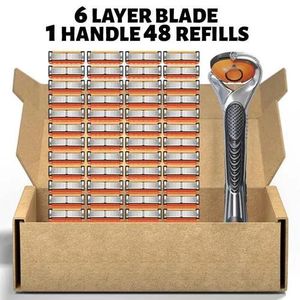 48-Piece Men's Razor Blade Replacement Set with Handle - Ultra Sharp Stainless Steel Blades for Smooth Shaving, Works with Standard Razor Handles, Bulk Disposable Blades Face Head Body Shaving