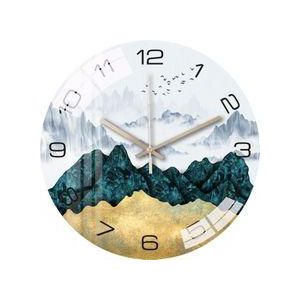 Luxury Silent Art Wall Clock-new home 12-inch (30CM) toughened glass wall clock Living Room Clock Bedroom Silent Quartz clock (Landscape painting)AA battery powered