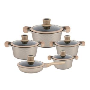 BMN Aluminium Cooking Pan Set -  Marble Coating Non Stick Cookware Set with Silicon Glass Lid - Light Brown - 10 Pcs