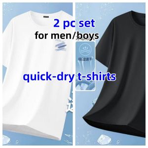2 Pack Men T-shirt Quick Dry Tees for men, Minimal Brush Stroke Print Crew Neck Short Sleeve Top for men, Black+White 2 Colors Set Breathable Ice Feel Casual Tee For Summer tee for men tops for male t-shirt cool feeling tees mesh top clothing for men tee