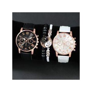 2 Piece Couple Watches Set with Yin Yang Bracelet - PU Leather Strap, Rose Gold Dial, Roman Numerals - Black/ White for Lovers Gifts