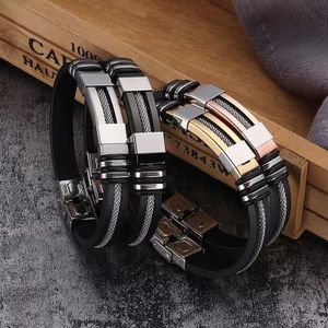 Mens Stainless Steel Bracelet Silicone Black WristBand Punk Style Man Bracelets Simple jewelry