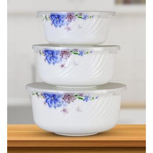 3piece Heat and Break Resistant Microwave/Freezer/Dishwasher Safe Floral Design Thick Pyrex Glass Bowls set with Plastic lid - White