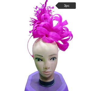 3pc Feather Fascinator Headband Sinamay Headpiece Fuchsia-Pink