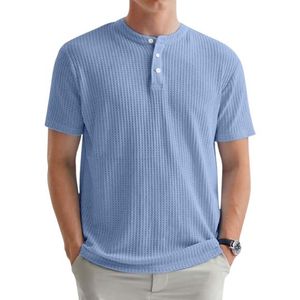 Round Neck Short Sleeve T-Shirt With Buttons - Blue