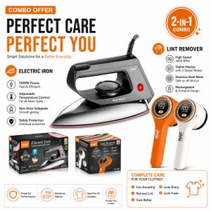 RAF R.1104 Portable Electric Dry Iron Plus A Lint Remover With Temperature Control- 1000W - Silver/Grey