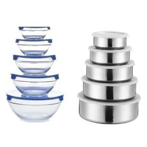 Heat Resistant Glass Storage Bowl Set - 5 Pieces - Blue/Transparent + 5 Storage Bowls With Lids - Silver