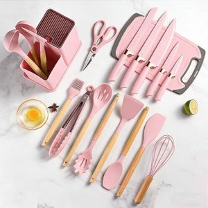 All-in-One 19pcs Kitchen Tool Set Non-Stick Silicone Utensils + Professional Knife Set & Chopping Board - Pink