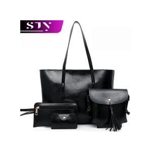 STY 4 In 1 Ladies Handbag Cross-body Bag Purse Card Case Set PU Synthetic Leather Bag - Black