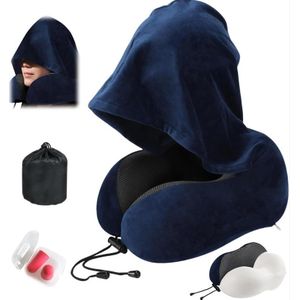Hooded Travel Neck Pillow With Carry Bag for Airplane, Earplugs, Comfortable U-Shaped Memory Foam Neck Pillow 