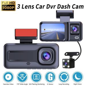 Adhesive-mount dash cam with infrared night vision, HD 1080p resolution, and triple-lens setup (front, rear, and interior recording) with reversing camera support.