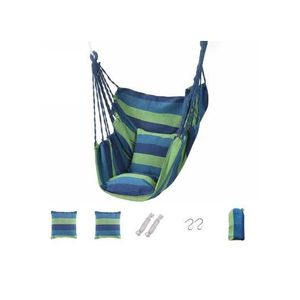 Outdoor Camping Patio Yard Canvas Hammock Chair Hanging Swing Seat with Cushion + Throw Pillow (L130 x W100)cm / (L51.2 x W39.4)inch - Blue / Green Stripe