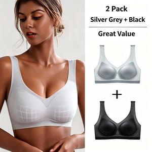 Two Pack Seamless Ice Silk Women's Vest Tops Spaghetti Strap Backless Sleep Sports Gathering Ultra Thin Comfortable Breathable Underwire Free Bra For Daily Wear Yoga Running