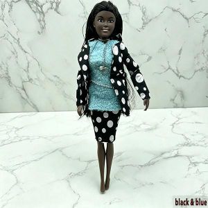 VOV 29.5cm Beautiful African Barbie-Style Doll – Trendy Outfits & Long Curly Hair Kids Gift-black&blue