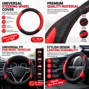 Universal Black & Red Steering Wheel Cover 37–39cm – Non-Slip Car Steering Protector